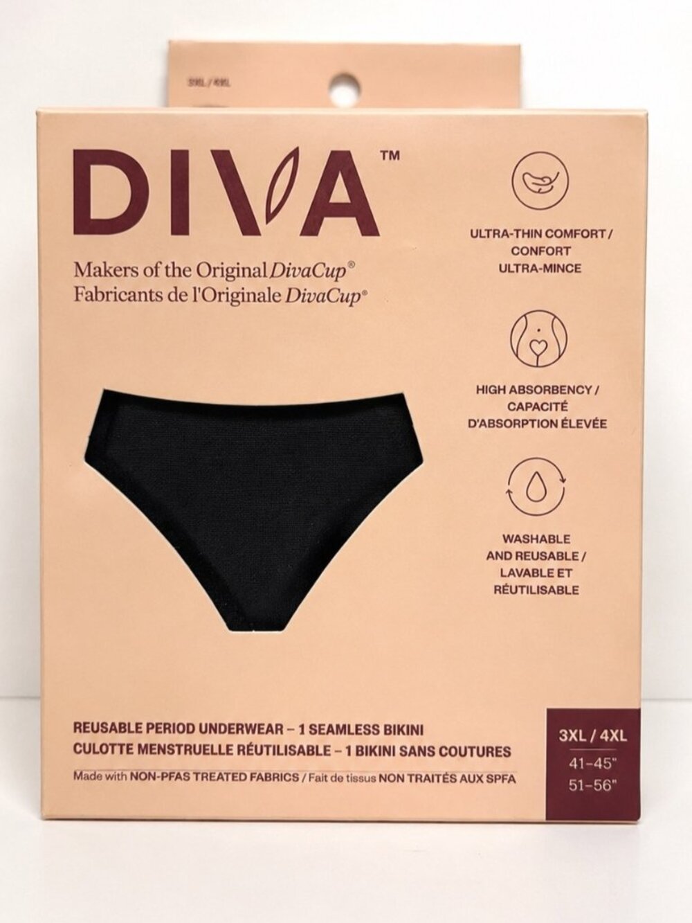 DIVA Reusable Period Underwear Seamless Bikini Black 3XL/4XL NWT